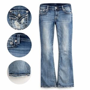 Miss Me Low Rise Bootcut Jeans 31 Distressed Y2K Western Glam Rhinestone Blue